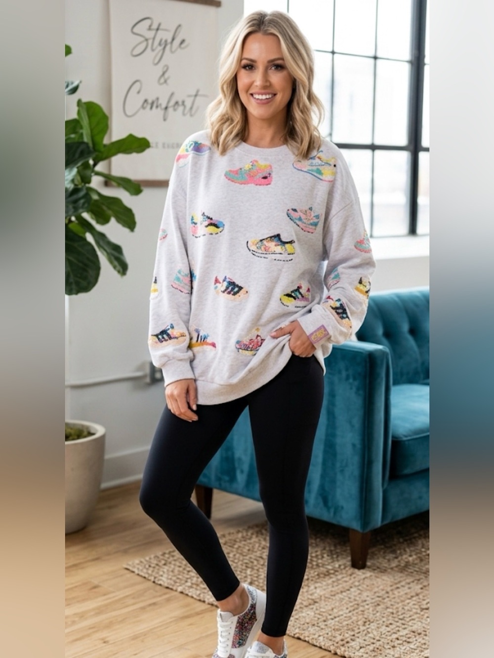 QUEEN OF SPARKLES Neon Sequin Sneaker Light Gray Sweatshirt Oversized - Picture 3 of 10